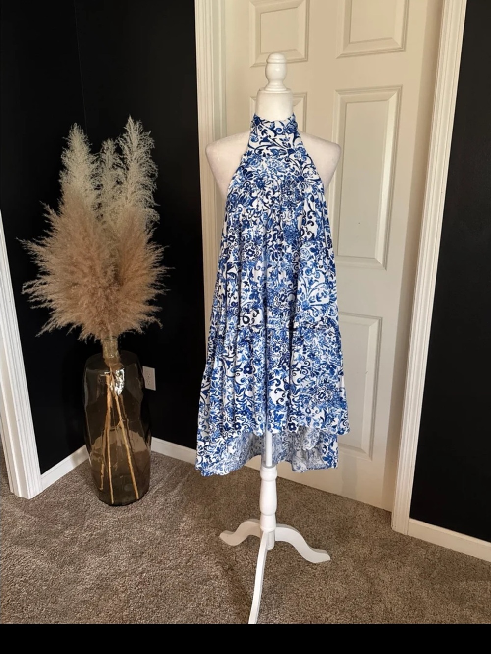 Olivaceous Blue White Toile High Neck High-Low Dress Size Small - Picture 4 of 12